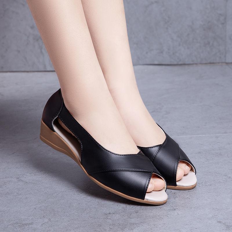 

Летние сандалии из мягкой кожи, женские сандалии на танкетке с мягкой подошвой, удобная пляжная обувь с открытым носком 35 чёрный