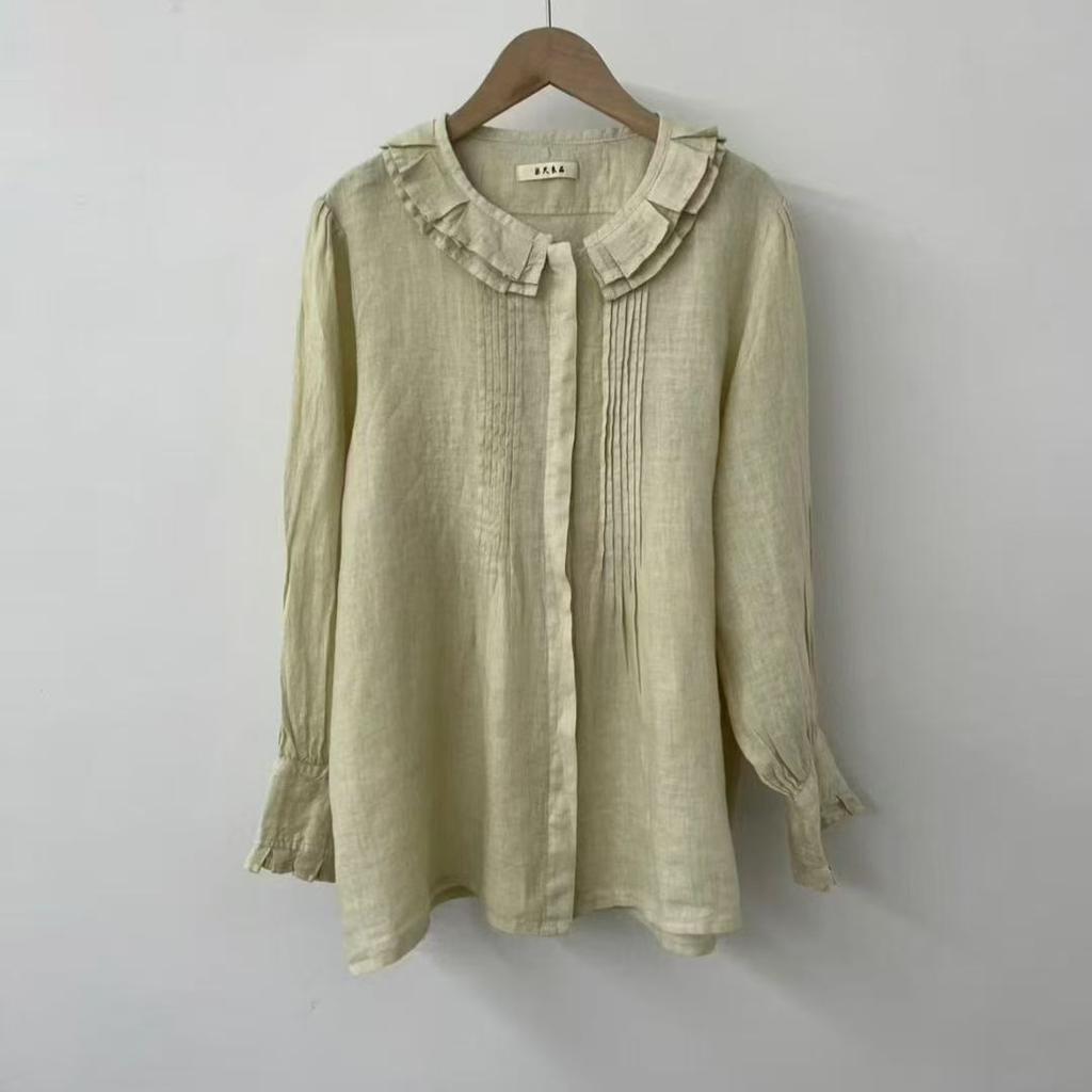 1116 Autumn New Women's Linen Lotus Leaf Collar Top Cardigan ins Shirt Shirt Long Sleeve