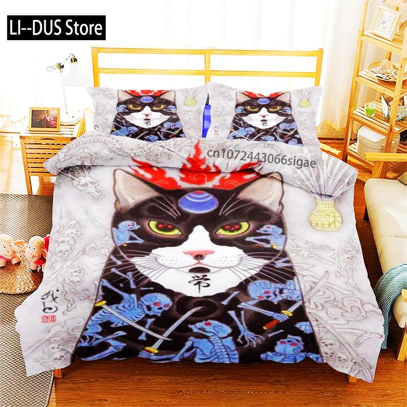 Phechion Samuray Kedi Dövmesi 3D Baskı Yatak Takımı Yorgan Kılıfları Yastık Kılıfları Tek Parça Yorgan Yatak Takımları Yatak Örtüsü Yatak K580