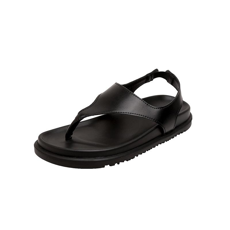 Cowhide version, minimalist temperament flip-flops retro toe flat bottom niche Roman style sandals women's summer new models