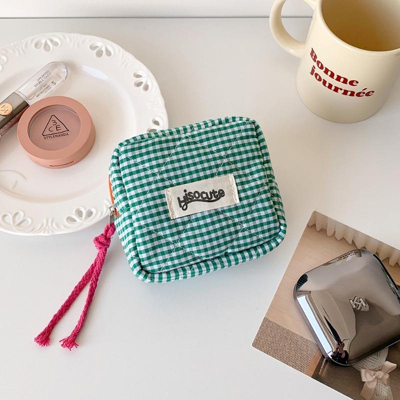 Ins Contrast Color Plaid Handheld Makeup Bag Large Capacity Cosmetic Organizer Square Bag