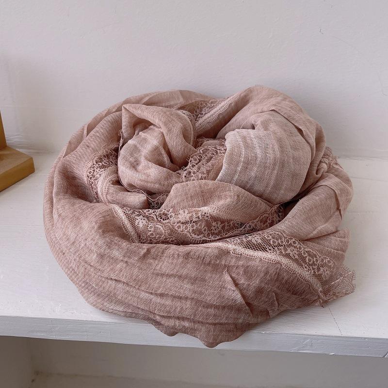 Sanftes Temperament Spitze Plissee Langer Baumwollleinen Schal für Damen Frühling und Herbst Reine Baumwollgaze Schal Sonnenschutz