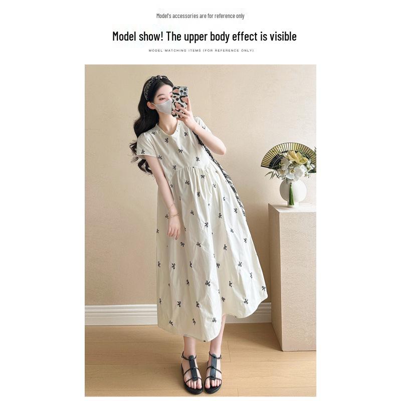 Elegant French Embroidered Summer Maternity Dress – Trendy, Loose-Fit, Age-Reducing Skirt for Moms M