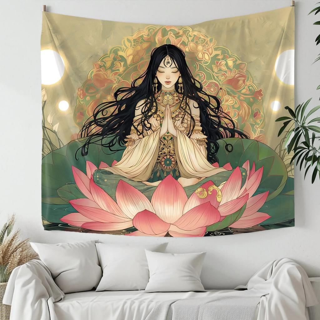 2D Flat Printed Zen Yoga Lotus Meditation Goddess Tapestry Peach Skin Wall Hanging For Bedroom Living Room Aesthetic Home Decor