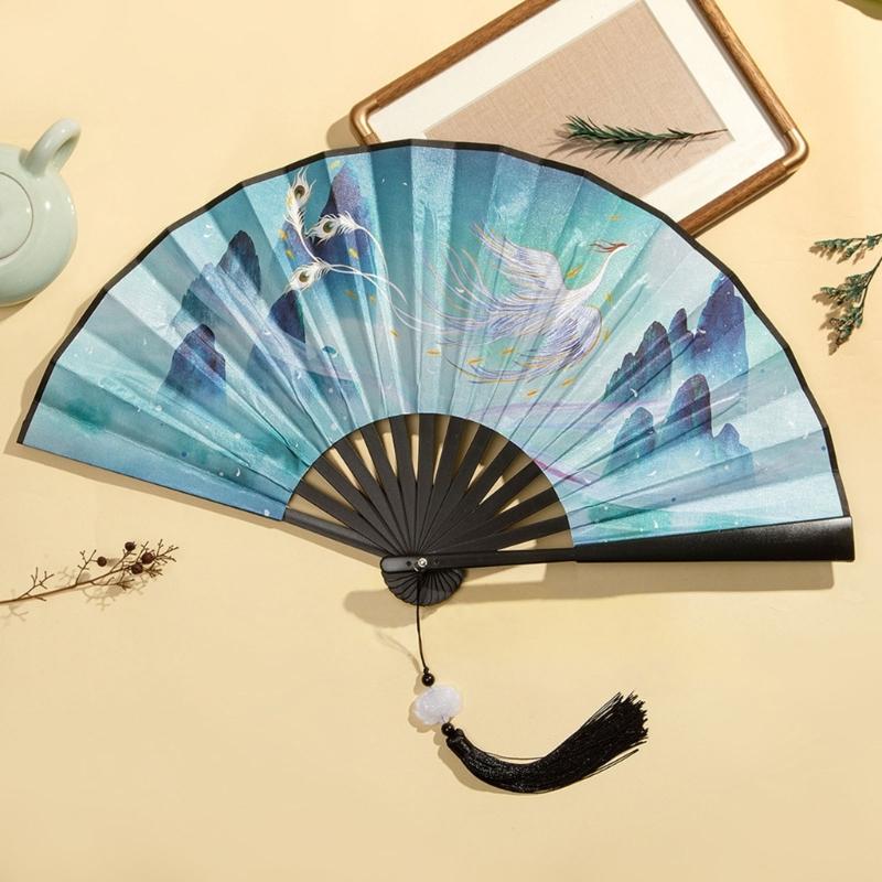 Chinese Double Sided Painting Folding Fan Vintage Handhelds Fan with Tassels Plastic Foldable Hand Fan for Parties