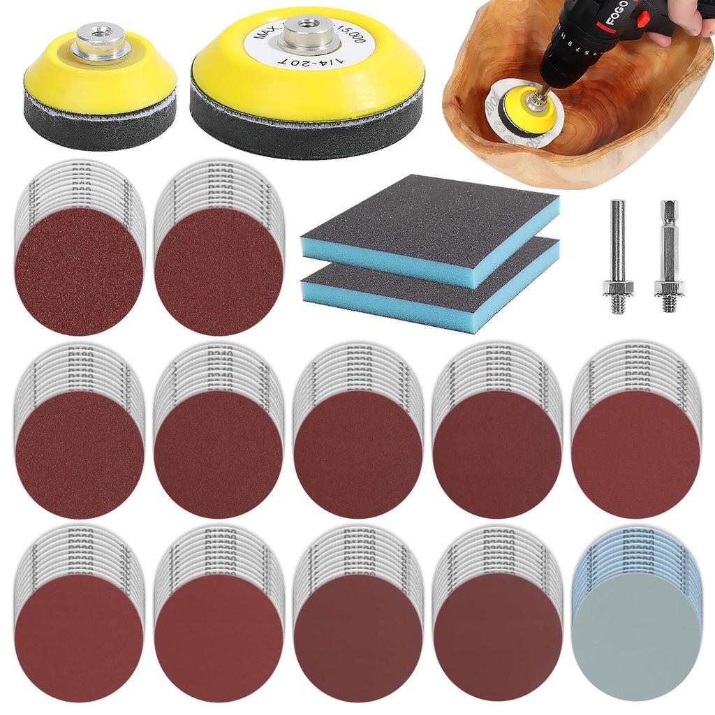 75mm Sandpaper Set with and Includes Polishing Pads and Sponges Compatible with Hex Power Screwdrivers and Small Power Sanding Discs for Wood and