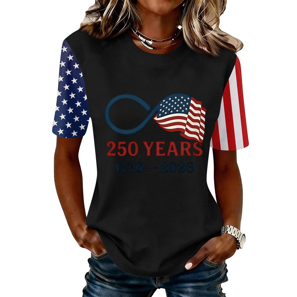 Blusa Feminina da Moda Casual de Manga Curta com Estampa e Gola Redonda