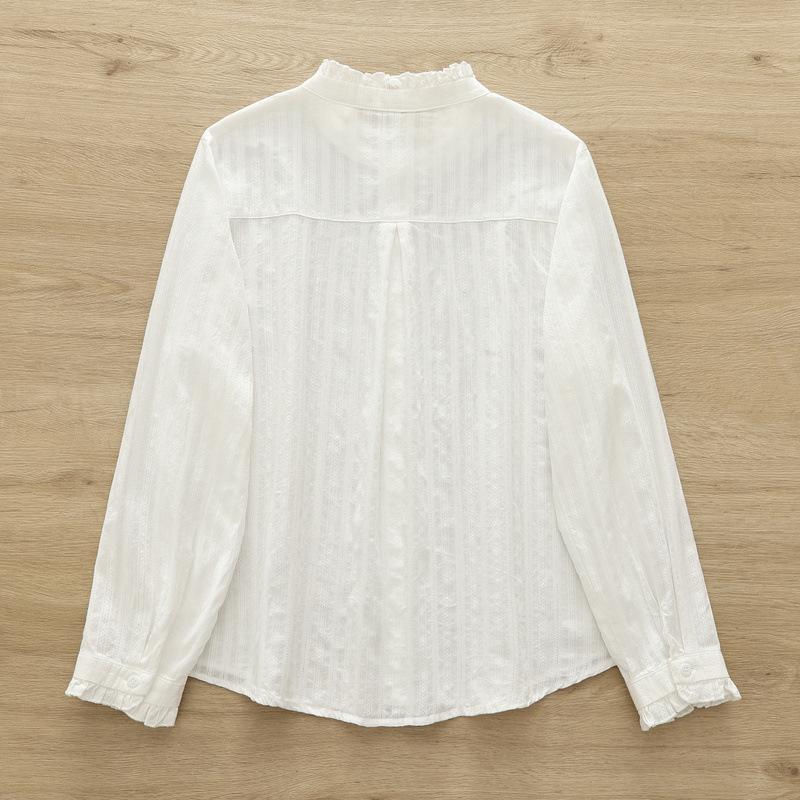 Spring Autumn Women White Shirts Embroidery Blue Blouses Long Sleeve Casual Lady Tops Stand Collar Loose Female Clothes
