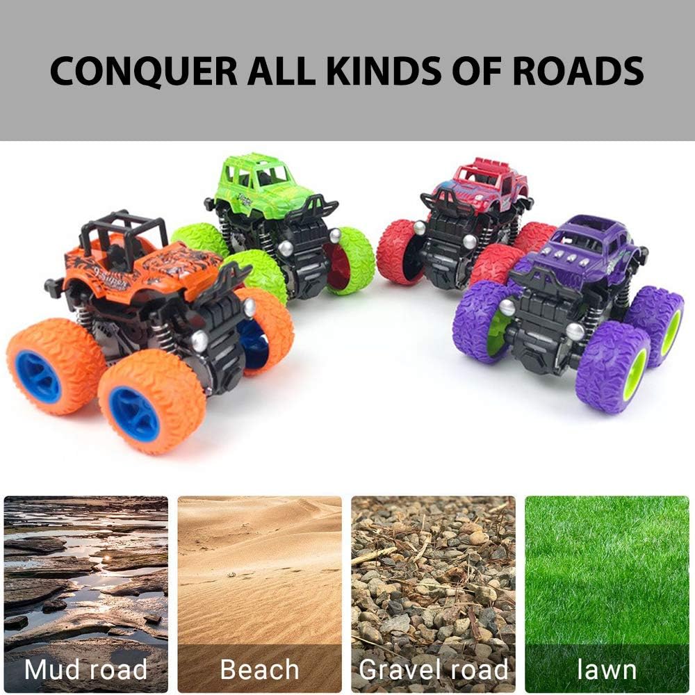 Monster Trucks for Boys, 4 Pack Pull Back Vehicles Cars for Toddlers, 360° Rotation 4 Wheels Drive Durable Friction Cars Powered Push and Go Toys