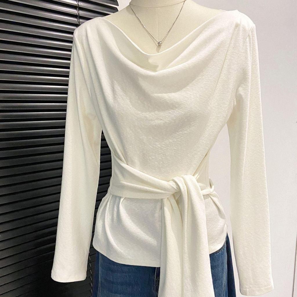 Women's French Swing Tie-Waist Long-Sleeve T-Shirt - Autumn 2026 New Arrival, High-End Slim-Fit Base Layer