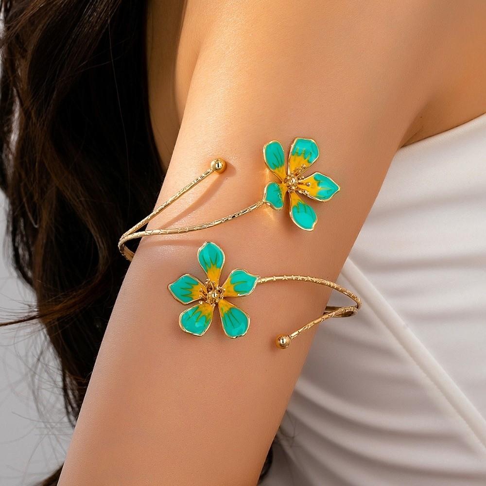 Adjustable Open Cuff Bracelets Enamel Drop Flower Floral Bangle Vintage Armlet
