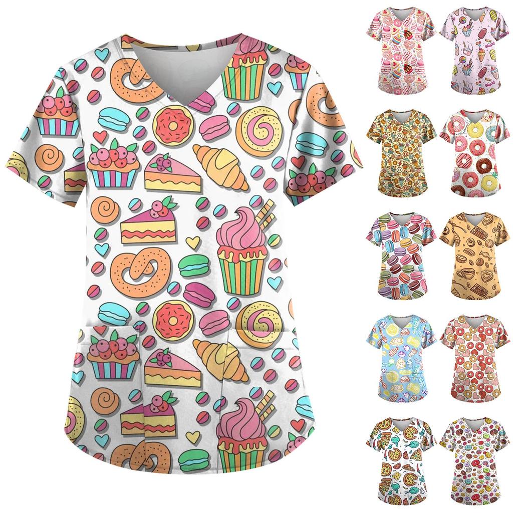 Plus Size Printed Scrub Working Uniform Tops For Women's V-Neck Short Sleeve Fun T-Shirts Workwear Tee With Pockets