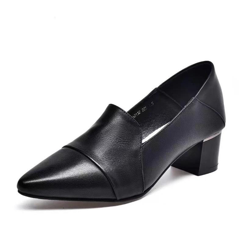 Spring New High Heels Women's Middle Heel Single Shoes Soft Leather Shallow Mouth Four Seasons Single Shoes Pointed Thick Heel Leather Shoes