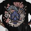 Vintage Japanese Oni Mask Double Print T Shirt Unisex Sakura Wave Art Oversized Streetwear Short Sleeve Summer Graphic Tee