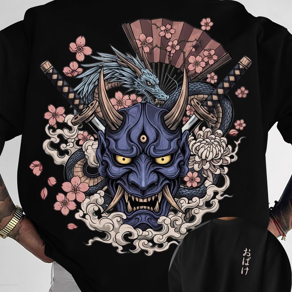 Vintage Japanese Oni Mask Double Print T Shirt Unisex Sakura Wave Art Oversized Streetwear Short Sleeve Summer Graphic Tee