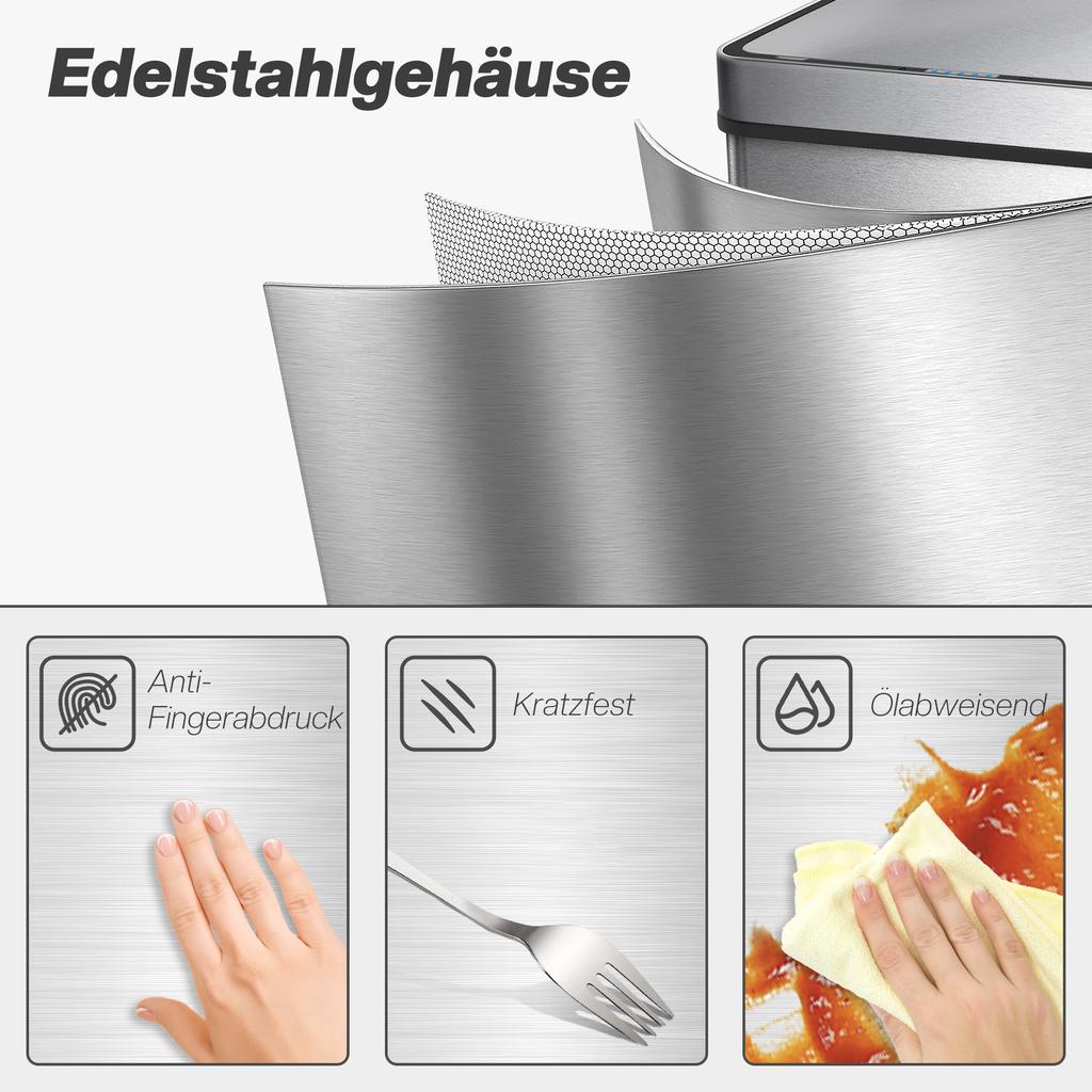 50 L Sensor Can, Sensor Bin with Soft-Close Lid, Fingerprint-Proof Stainless Steel, Silver Tone