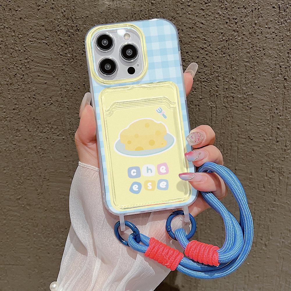 Cute Cheese Card Slot Bag Holder Phone Case For iPhone 15 16 Pro 13 11 12 14 Pro Max XR XS X 7 8 Plus SE  Lanyard Soft Cover
