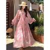 French High-end Collar Pink Floral Dress Women's Summer Temperament Beautiful Word Lantern Sleeve Tulle Long Skirt