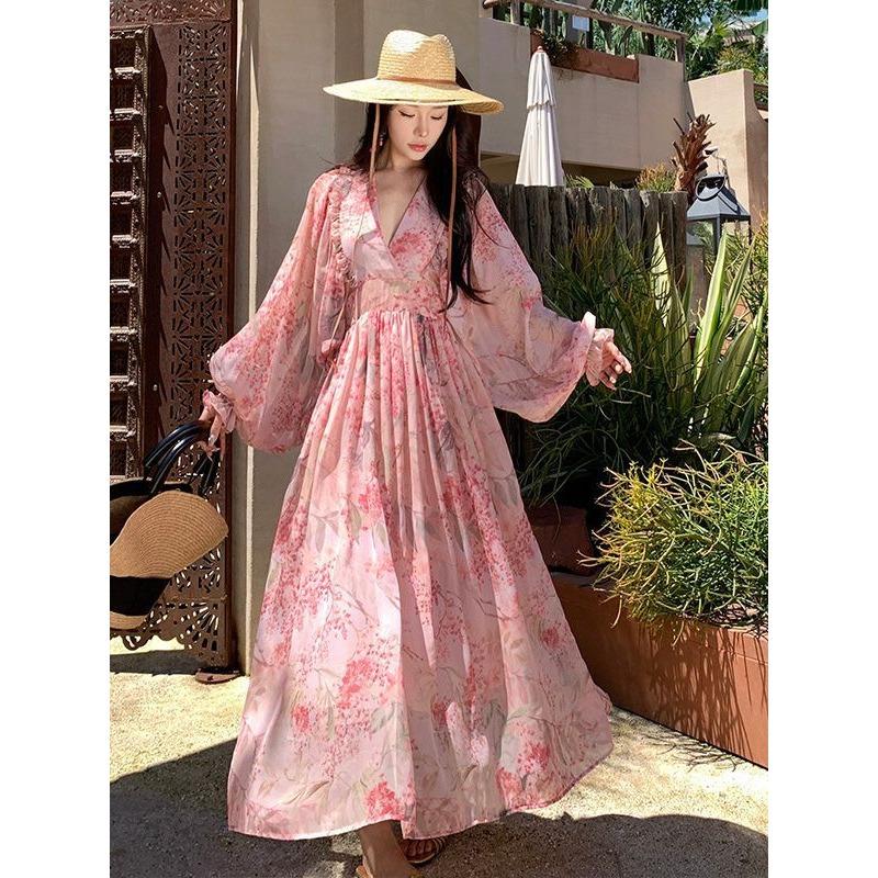 

French High-end Collar Pink Floral Dress Women s Summer Temperament Beautiful Word Lantern Sleeve Tulle Long Skirt S розовый