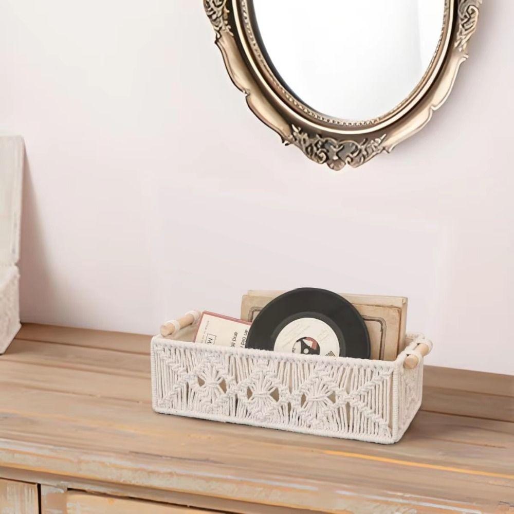 Decorative Macrame Organizer Box Grid Designed Woven Storage Basket Hand Woven Storage Box  Desktop