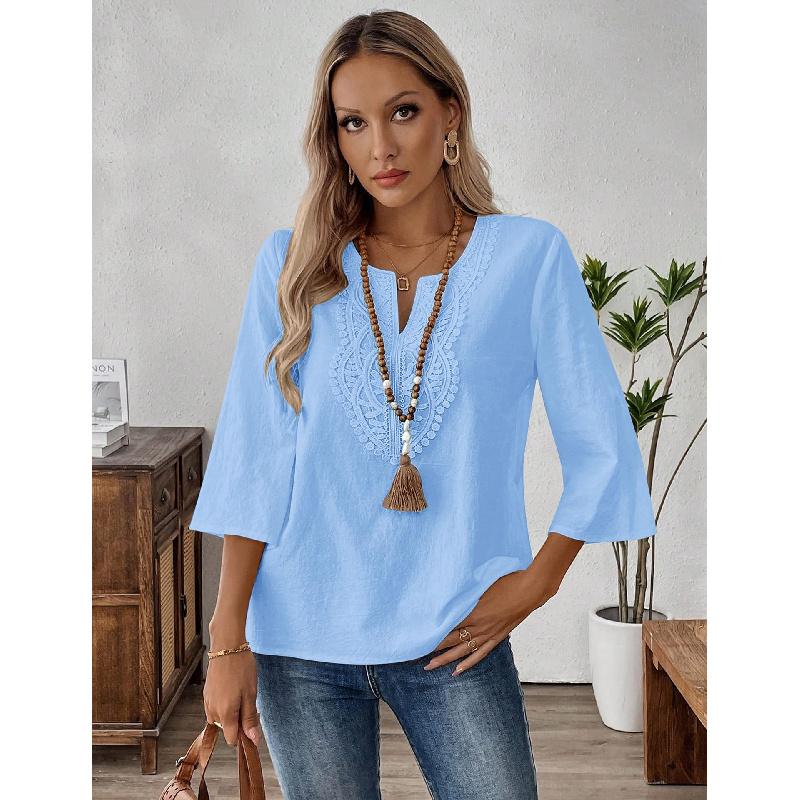2026 Spring/Summer Bohemian Style Women's Linen Lace Trim V-Neck Three-Quarter Sleeve Casual Blouse