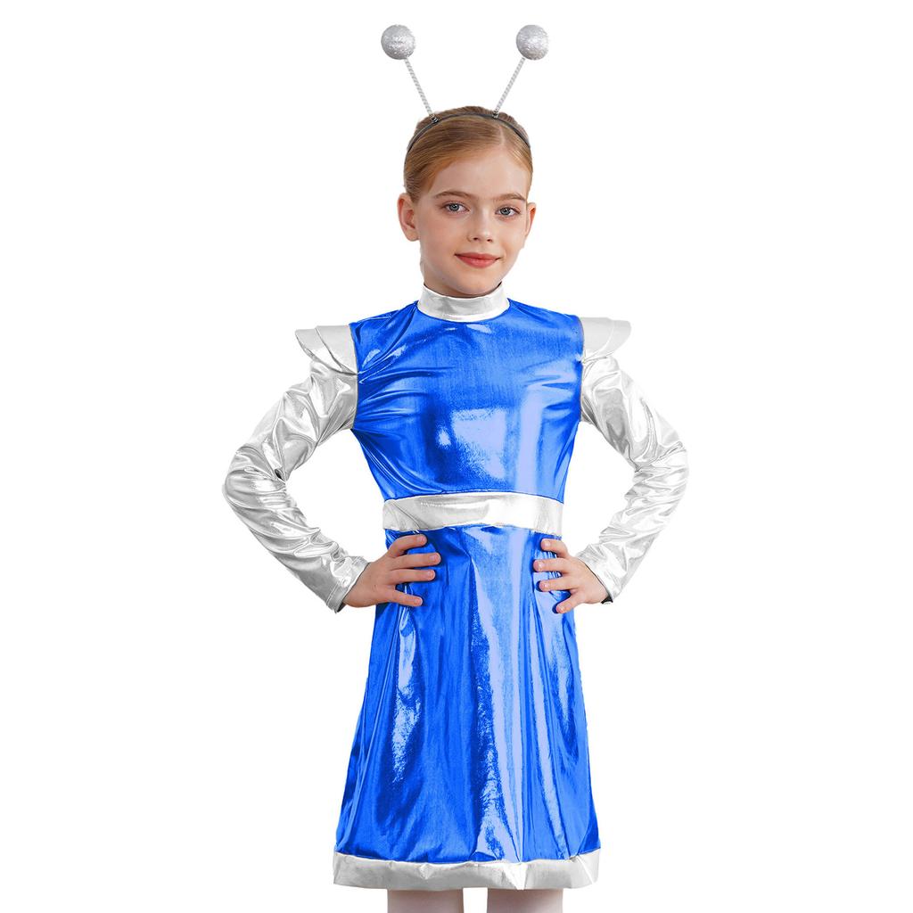 Girls Space Alien Costume Set 2 Pieces Outer Space Dress Alien Hair Hoop Cosplay Performance