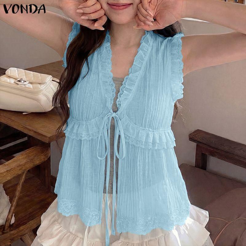 VONDA Women's V-Neck Sleeveless Lace Trim Front Bandage Ruffle Semi-Sheer Tank Tops Beach