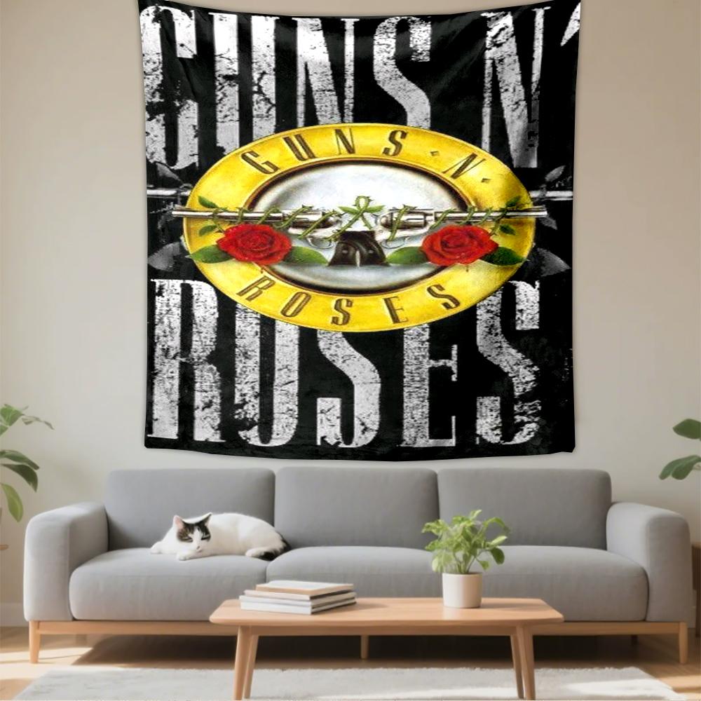 Tapestry Guns N Roses Bullet Circle Logo Crossed Revolvers Red Roses Rock Band Wall Hanging for Hard Rock Music Room Decor