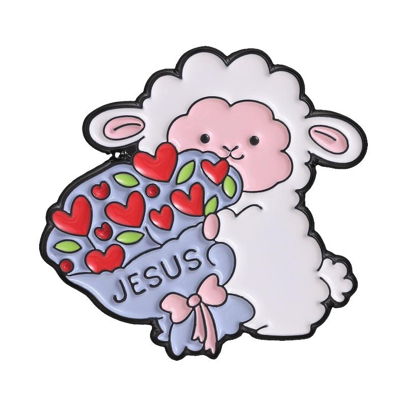 Xiaomi Cute Lamb Holding Jesus Red Heart Flower Bouquet Enamel Pin Prayers Progress Patience Christian Faith Brooch Lapel Badge Jewelry