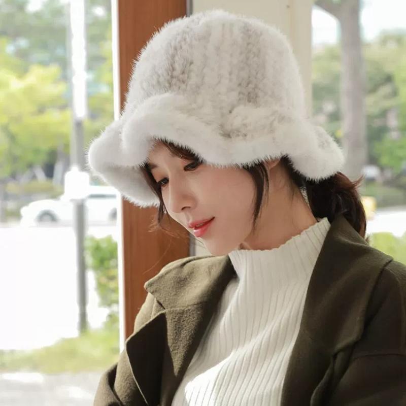 Mink Fur Hat Women's Winter Warm Fashion Mink Woven Bucket Hat Basin Hat Top Hat Show A Little Trend