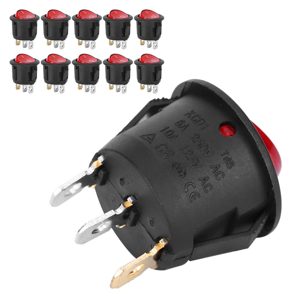 10Pcs Rocker Switch Large Round 3Pin Red Light Used for Household Appliances Switches