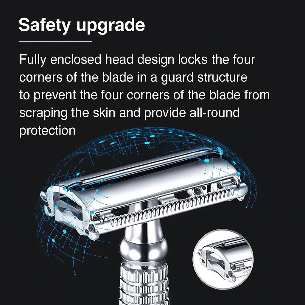 Double Edge Safety Razor Old-fashioned Metal Shaver Beard Barber Wet Shaving Twist Open for Men Women With 5 Blades and Mirror