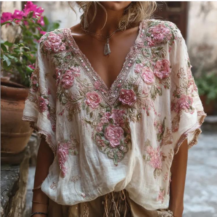 3D Printed Autumn Elegant Jacquard Drop Shoulder Short-Sleeve Women's Top