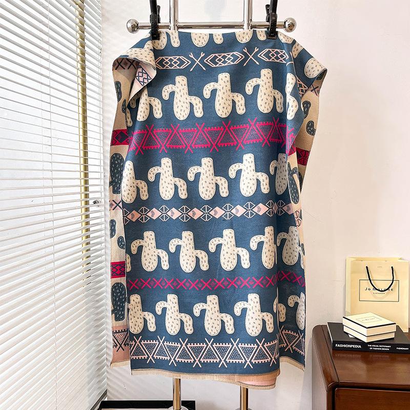 Imitation Cashmere Scarf Women'S Nordic Style Decoration Warm Dual-Purpose Double-Sided Shawl Creative Printing Fringed Scarf