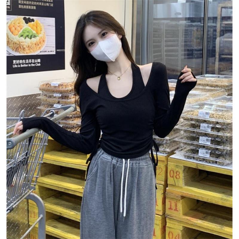 

Spring New Fashionable Halter Neck Long Sleeve T-Shirt For Women Unique And Figure-Flattering Base Shirt Faux Two-Piece Set free size чорний