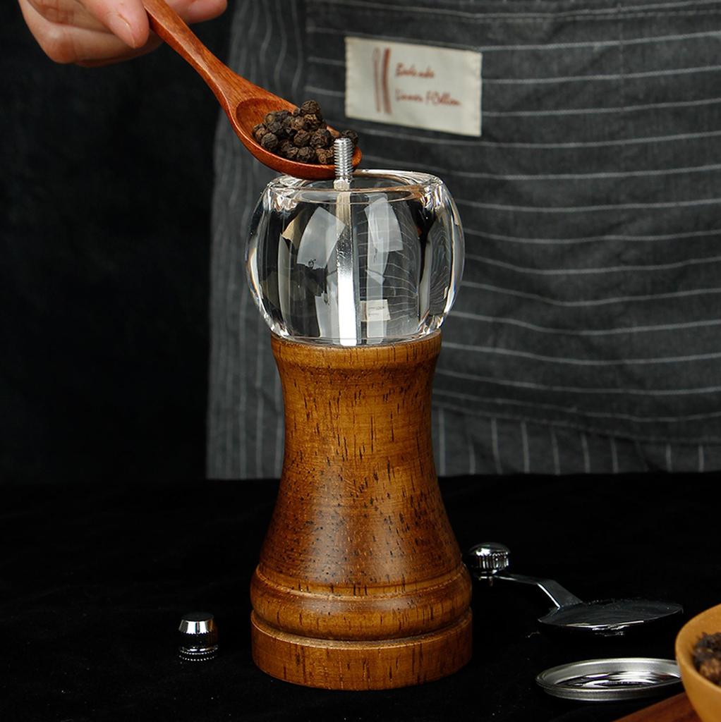 Hand-Cranked Solid Wood & Acrylic Pepper Grinder for Kitchen & Restaurant