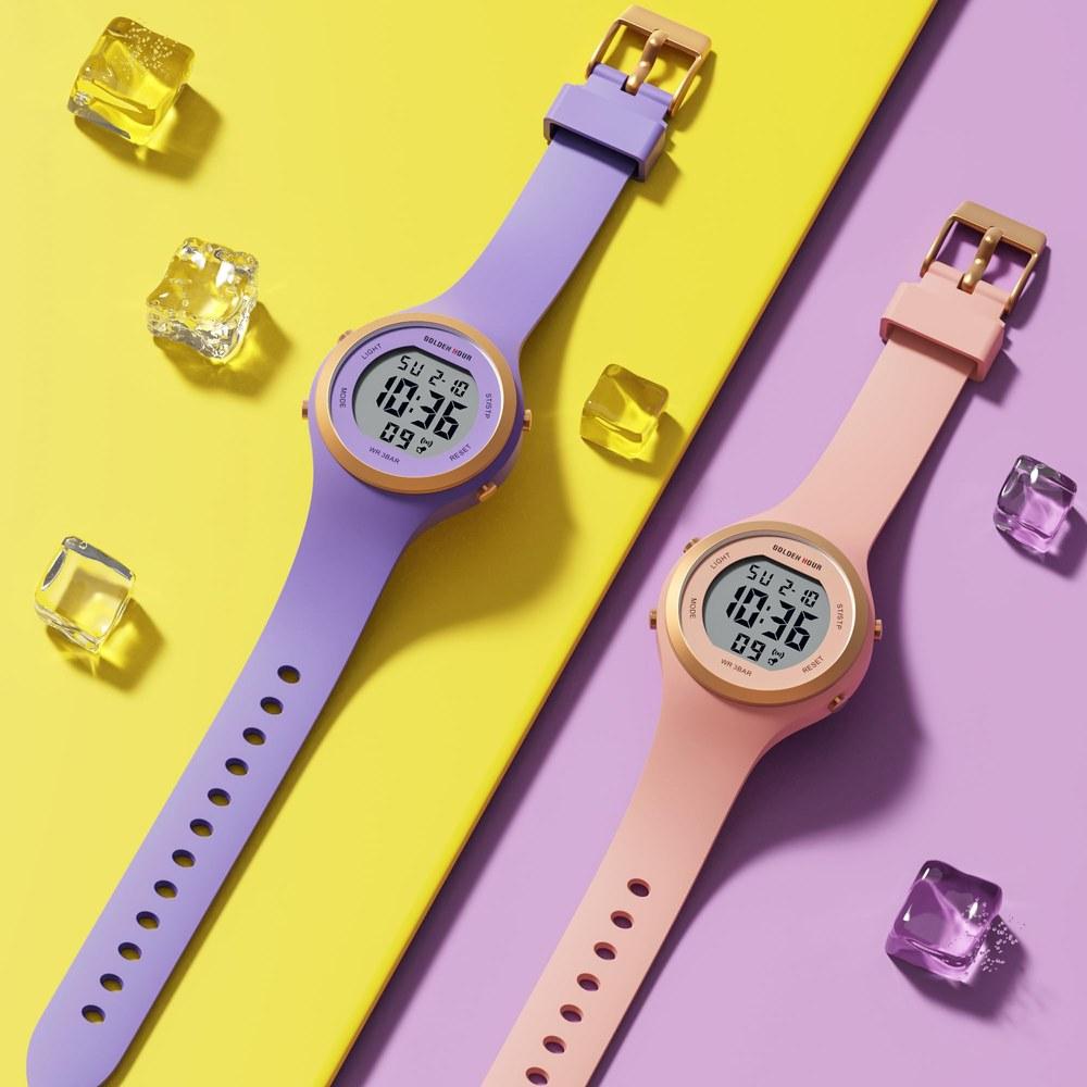 GOLDEN HOUR Waterproof Sports Ladies Digital Chronograph Watch Silicone Strap Rose Gold Starlight Milk White Modern