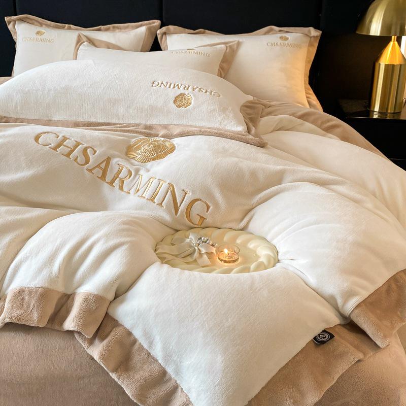 Matte Velvet 4-Piece Set: Non-Static, Solid Color, Wide-Edge Embroidery, Autumn/Winter Plus Velvet Fitted Sheet.