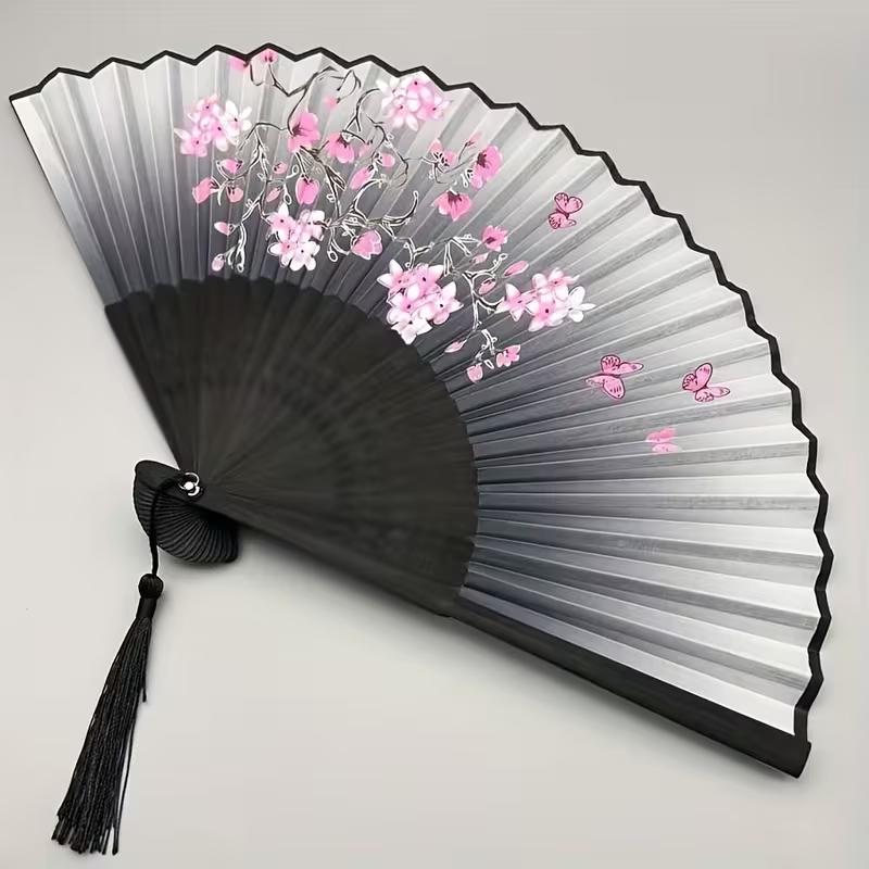 Vintage Black Flower Pattern Folding Fan Chinese Style Handheld Fan for Dance Performance Cosplay Wedding Party Decorative Gift