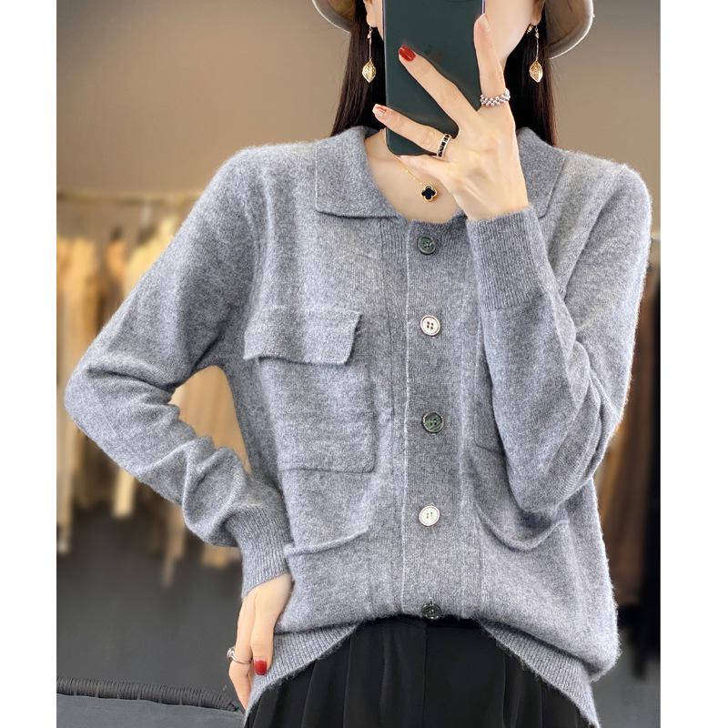 2023 Women's 100% Wool Lapel Cardigan: Year-Round Solid Color Cashmere Knit Sweater