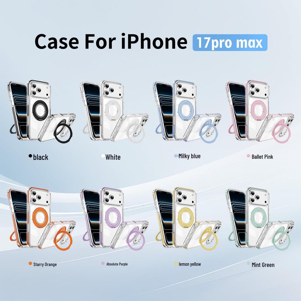 iPhone 17 Pro Max Magnetic Transparent Case with Two-Color Rotating Stand for Apple 16/15 Pro