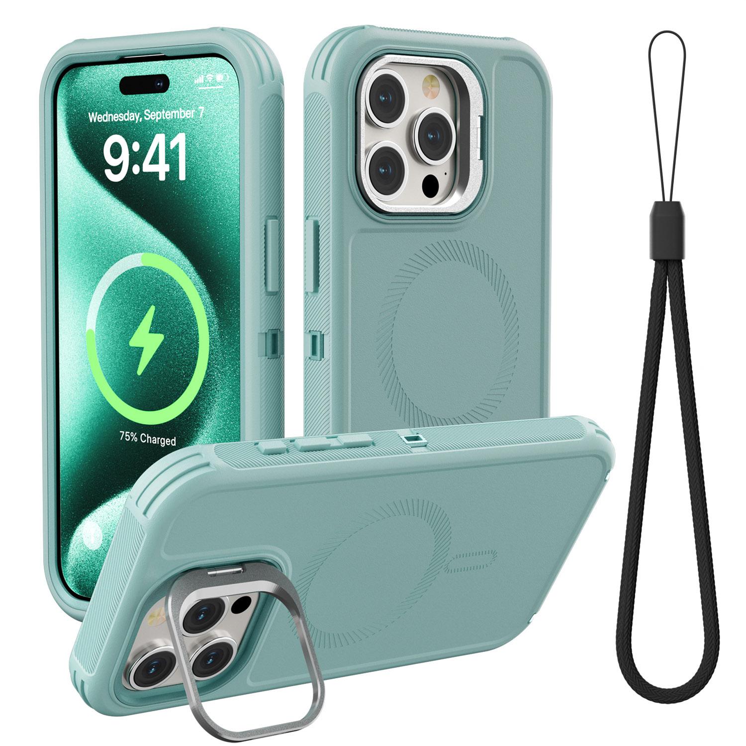 

For iPhone 15 Pro Magnetic Case Lens Kickstand 3 in 1 Detachable TPU+PC Phone Back Cover with Lanyard Cyan