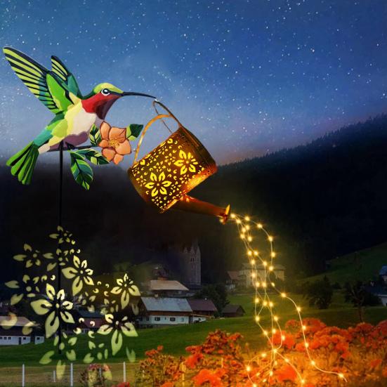 Solar Watering Can Garden Light Metal Hollow-Out Hummingbird Decorative Light Outdoor Spike Lamp for Lawn Pathway