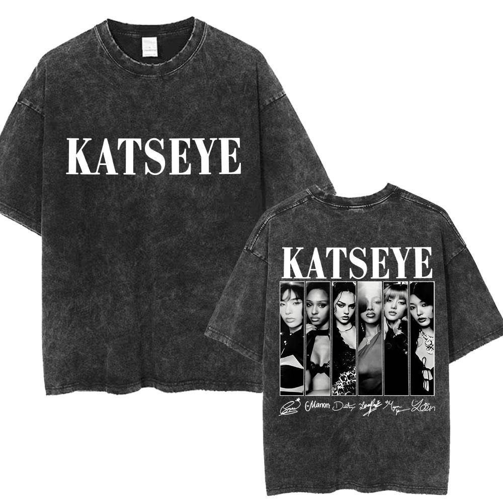 Kpop Katseye Graphic Washed T Shirts 90s Vintage Trendy Men Women O-Neck T-shirt Cotton Oversized T-Shirts Streetwear Fans Gifts S разноцветный