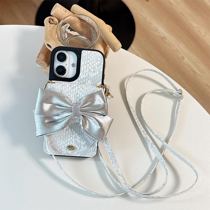 

Bow Snakeskin Pattern, The Same Wallet, Card Bag, Mobile Phone Case, Suitable For Apple 17 Messenger Rope Iphone16 Leather 15. iPhone 17Promax