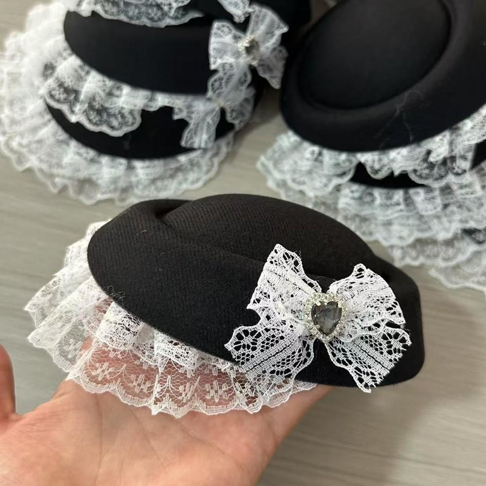 Elegant Lace Billycock Hat Sweet Heart Crystal Round Hat Hair Accessories Bow Pillbox Hat  Party