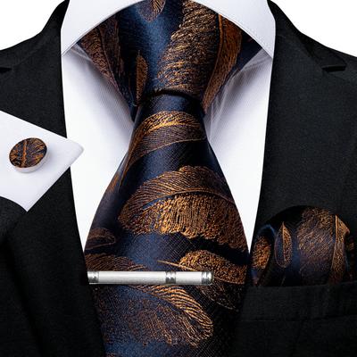 Neuartige Feder-Krawatte, goldfarben, marineblau, Seide, Krawatte, Einstecktuch, Manschettenknöpfe, Krawattenklammer-Set für Herren, Geschäftsparty