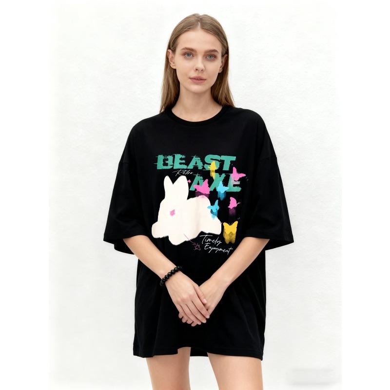 Oversized T Shirt Black Beast Axe Graphic Print With Bunny And Butterflies Design For Casual Wear