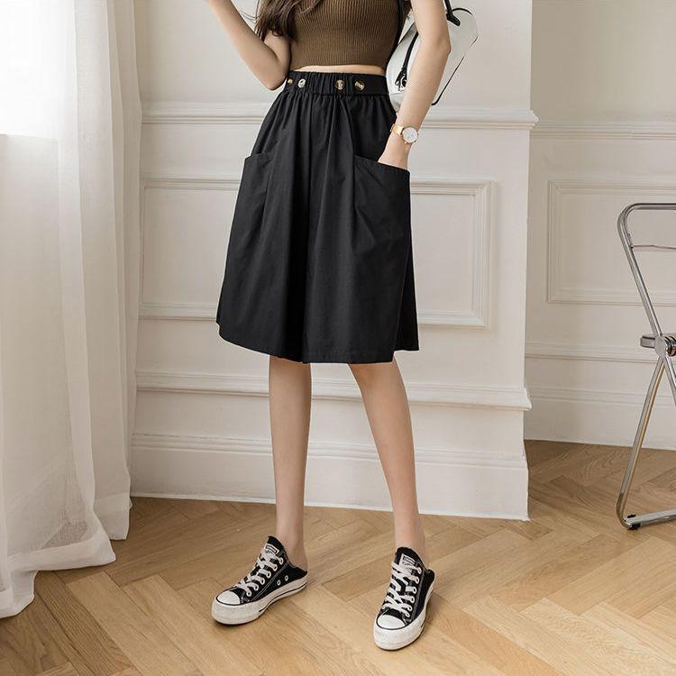 

Women s Plus Size Summer Wide Leg Capris - Elastic Waist, Solid Color, Loose Slimming Skirt Pants M (80-100 jin) чёрный