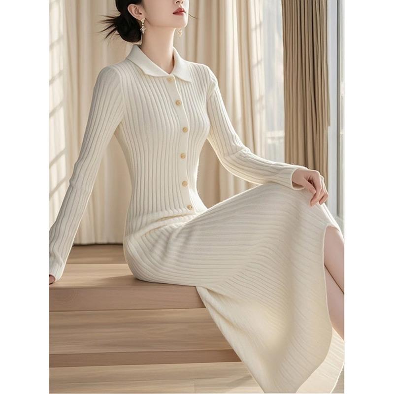 

Winter New High-end Temperament Celebrity High-end Muse Fan White Knitted Dress Women S